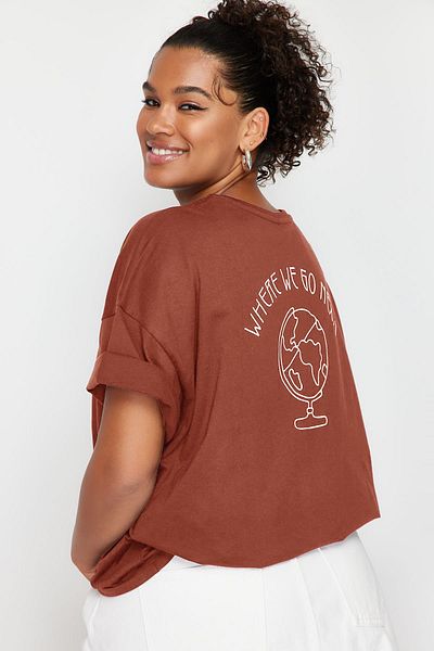 Trendyol Curve Tile Color 100% Cotton Crew Neck T-Shirt - Back Printed, Relaxed Fit Tbbss24Bf00025