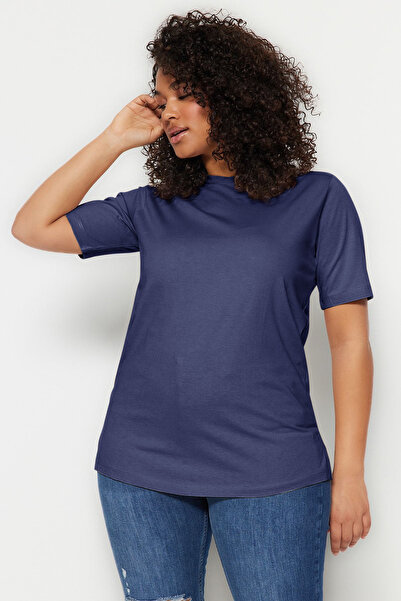 Trendyol Curve Kék benzin Boyfriend kerékpáros nyakú hasított 100% pamut kötött póló TBBSS22BF0031