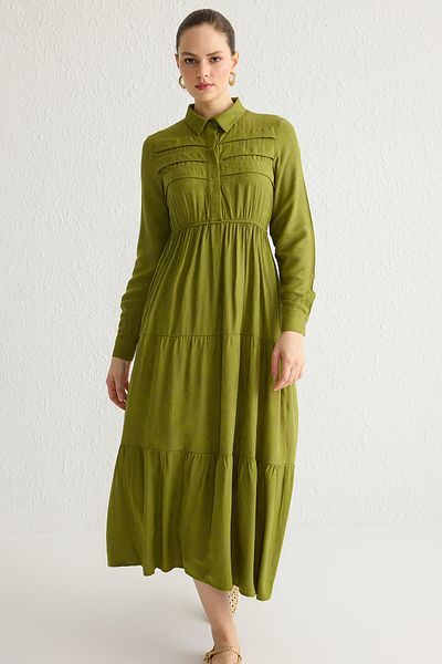Trendyol Modest Χακί φλοράλ υφαντό ζακάρ χιτζάμπ φόρεμα χωρίς επένδυση TCTSS25EB00053