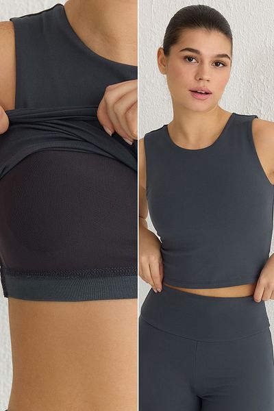 Trendyol Collection Μπλούζα αθλητικού σουτιέν 2 στρώσεων από μαλακό ύφασμα ανθρακί - THMSS25BZ00001