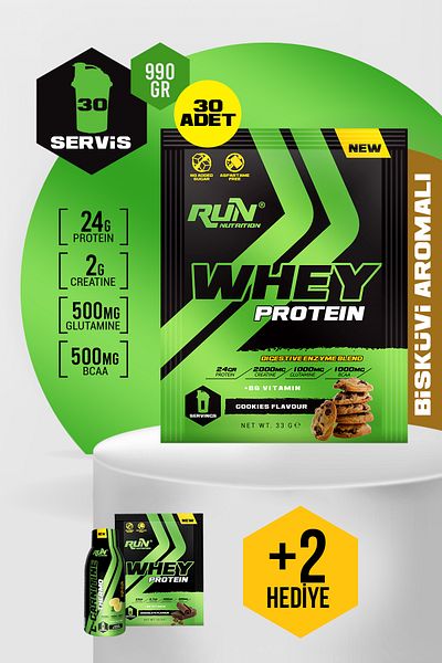 Run Nutrition Whey Protein Biscuit Flavored Sachet - 30 Pieces - 990g - Gifted