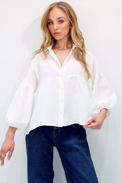 Trend Alaçatı Stili Weißes Leinenhemd mit Ballonärmeln und elastischem Saum für Damen ALC-X13507