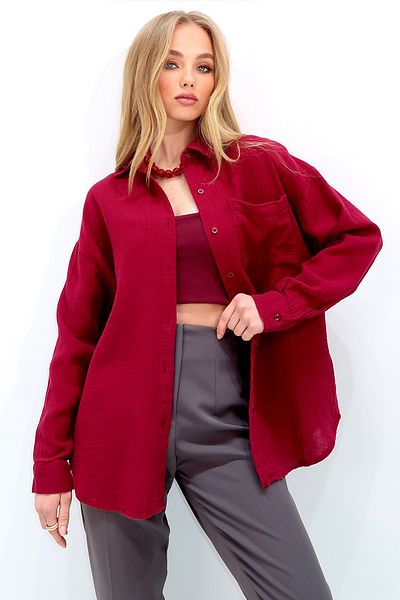 Trend Alaçatı Stili Damen-Hemd in Burgunderrot mit einer Tasche und Leinenoptik in Übergröße ALC-X13344