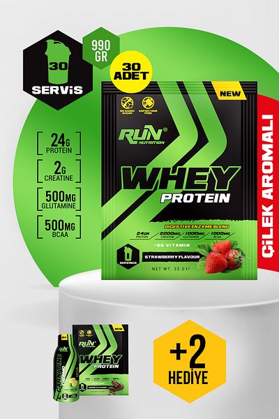 Run Nutrition Whey Protein Strawberry Flavored Sachet - 30 Pieces - 990g - Gifted