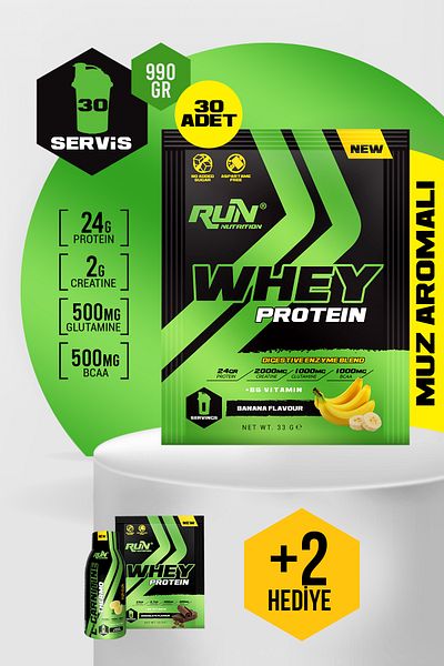 Run Nutrition Whey Protein Banana Flavored Sachet - 30 Pieces - 990g - Gifted