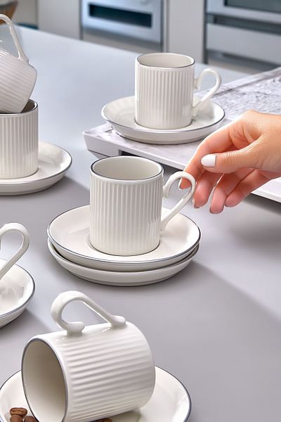 Kitchen Life Special Design Silver 12-Piece 6-Person Striped Coffee Cup Set 100ml - Coffee Cup Set