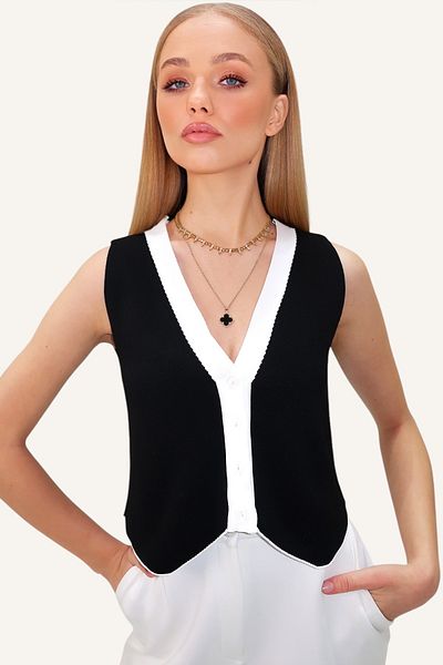 Trend Alaçatı Stili Schwarze Damen-Strickweste mit V-Ausschnitt und Farbblock ALC-X13379