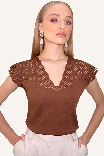 Trend Alaçatı Stili Braune, durchbrochene, saisonale Strickbluse mit V-Ausschnitt für Damen ALC-X13378