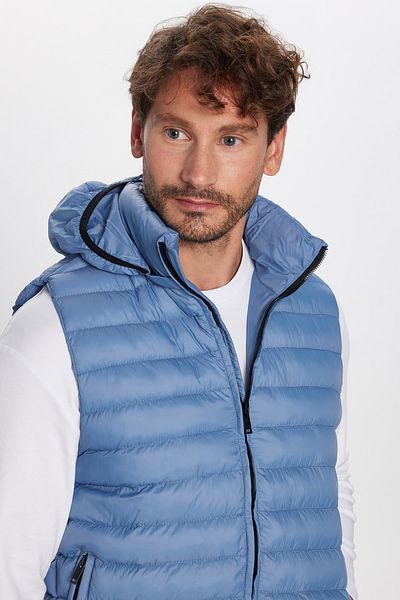 Tudors Men's Slim Fit Slim Fit Lined Windproof Pocket Blue Detachable Hood Puffer Vest