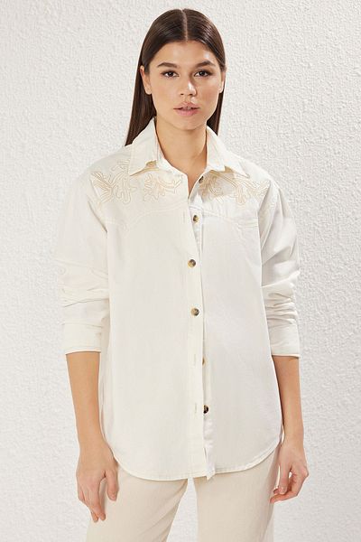 Trendyol Collection Ecru Embroidered Oversize Denim Shirt Twoss25Go00074