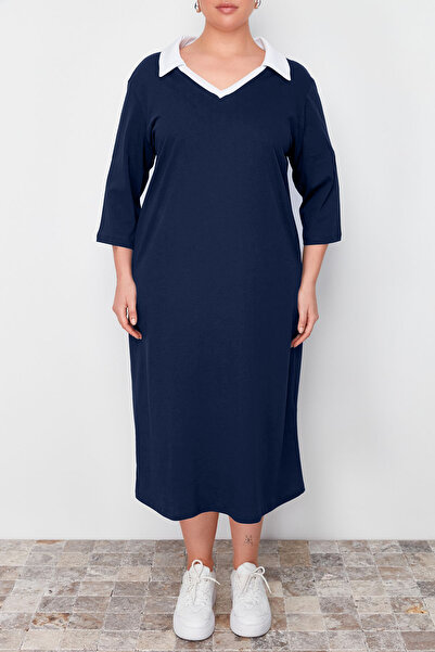 Trendyol Curve Námořnické modré polo límec Midi pletené šaty TBBSS24AH00145