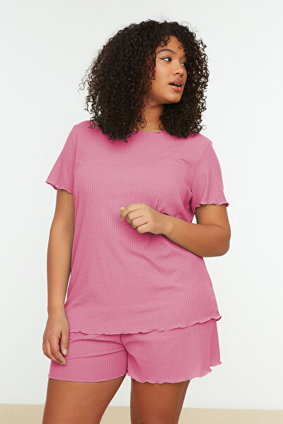 Trendyol Curve Pink Ribbed Knitted Pajamas Set Tbbss22Pt0216