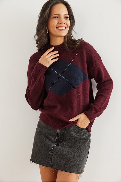 Olalook Pulover de damă, roșu Claret, cu model Argyle, pe jumătate de pescar KZK- 19000961