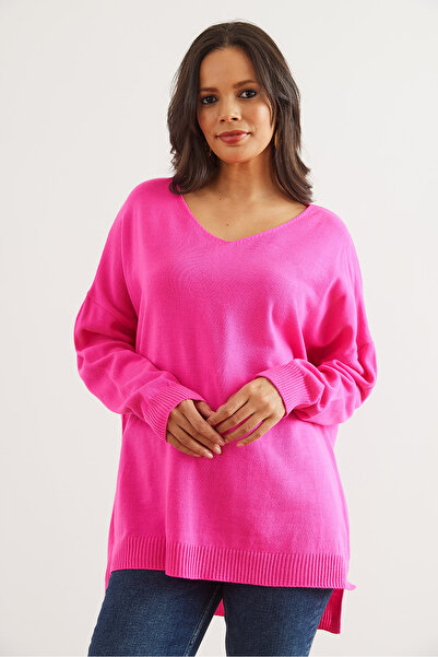 Olalook Fuchsia V-Neck Split Detailed Basic Knitwear Women's Sweater - Kzk- 19000868