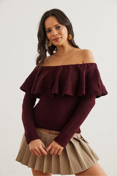 Olalook Pulover din tricot moale cu guler Madonna roșu Claret - KZK- 19000957