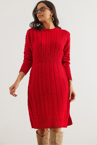 Olalook Women's Red Waistband Slit Hair Knit Mini Dress Elb- 19002289