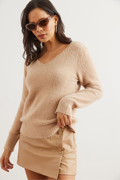 Olalook Women's Milk Coffee V-Neck Soft Textured Beard Knitwear Sweater Kzk- 19000860