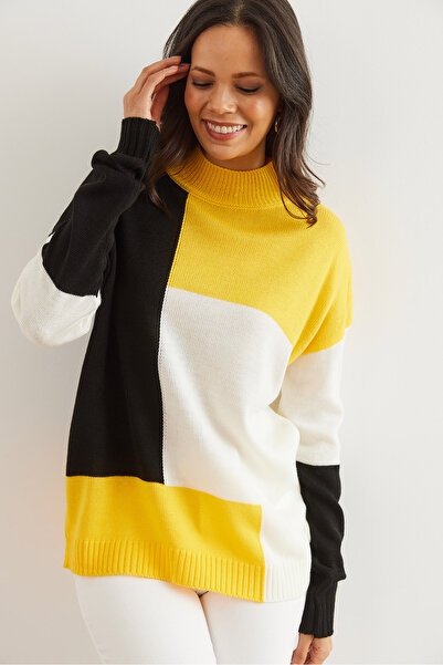 Olalook Women's Yellow and Black Blocks Knitwear Sweater - Kzk- 19000821