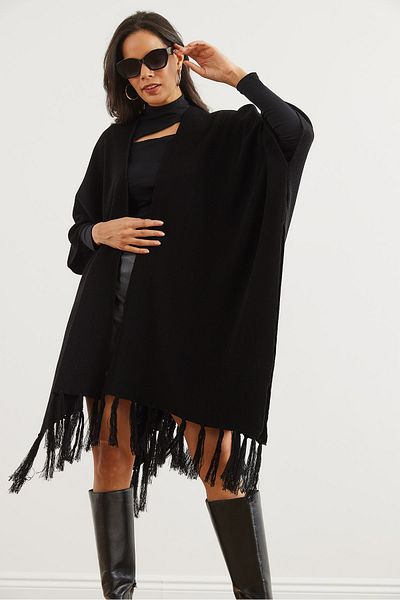 Olalook Schwarzer Poncho-Cardigan mit Quasten für Damen HRK- 19000338