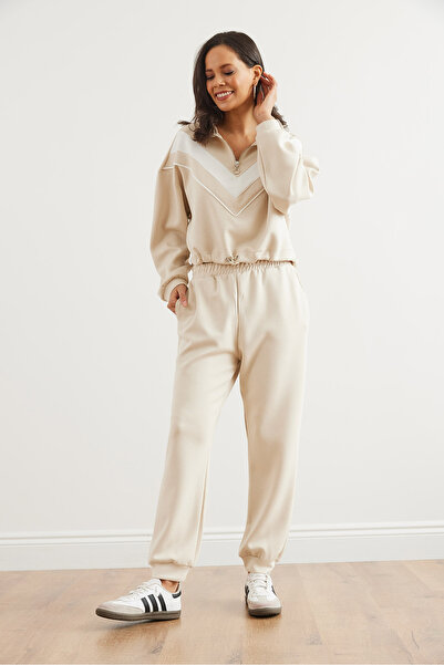 Olalook Kadın Bej Alt Üst Modal Tuşeli Eşofman Takımı ETKM-0000079