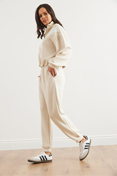 Olalook Kadın Bej Alt Üst Modal Tuşeli Eşofman Takımı ETKM-0000079