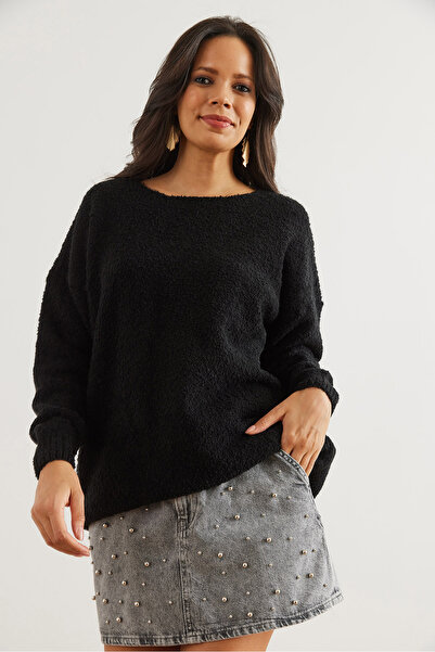 Olalook Women's Black Crew Neck Soft Textured Oversize Knitwear Sweater Kzk- 19000828