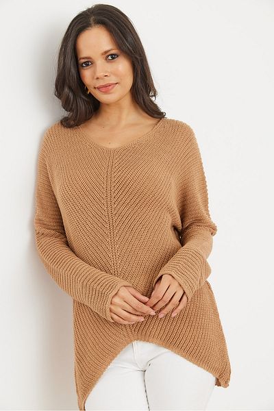 Olalook Women's Camel Veil Braided V-Neck Thessaloniki Sweater Kzk- 19000867