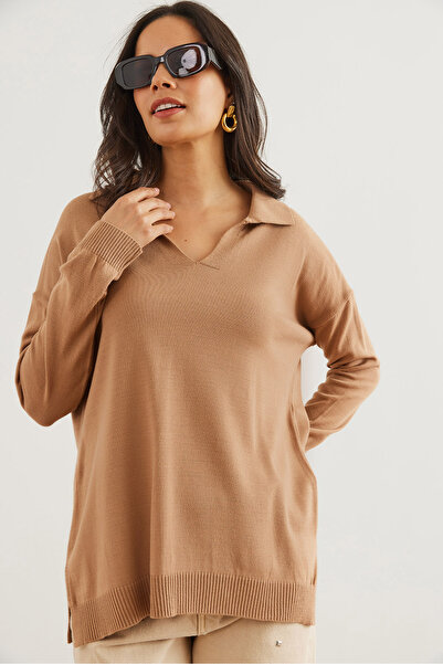 Olalook Women's Camel Polo Neck Basic Knitwear Sweater Kzk- 19000871