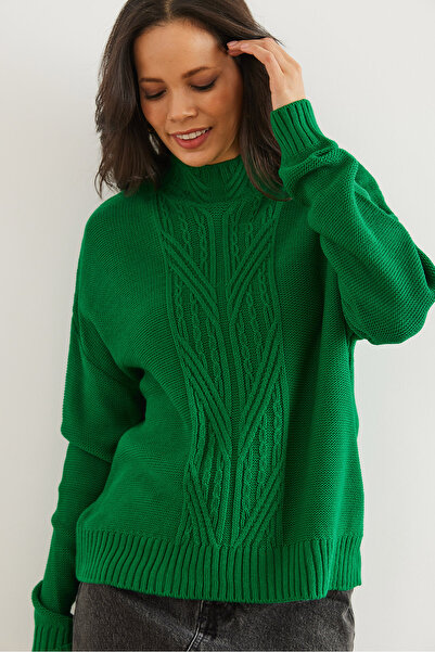 Olalook Women's Green Stand Collar Mid Hair Braided Knitwear Sweater Kzk- 19000912