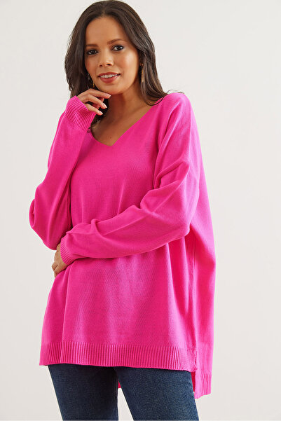 Olalook Fuchsia V-Neck Split Detailed Basic Knitwear Women's Sweater - Kzk- 19000868