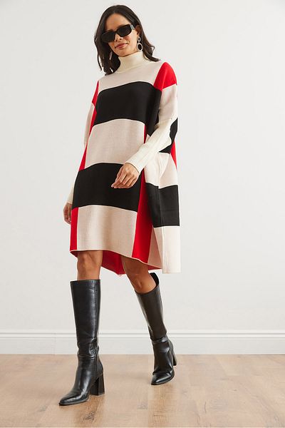Olalook Women's Ecru Black Plaid Thick Poncho Tunic Dress Elb- 19002323