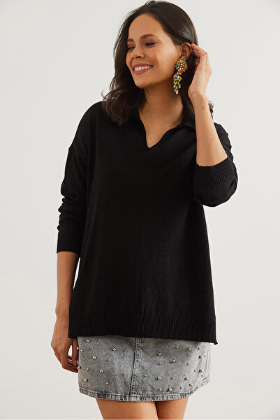 Olalook Women's Black Polo Neck Basic Knitwear Sweater Kzk- 19000871