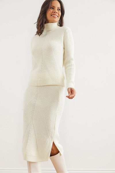 Olalook Women's Ecru Geometric Textured Skirt Knitwear Suit Tkm- 19000325
