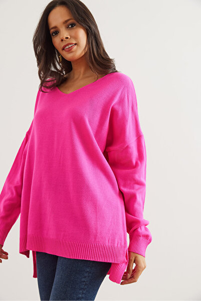 Olalook Fuchsia V-Neck Split Detailed Basic Knitwear Women's Sweater - Kzk- 19000868