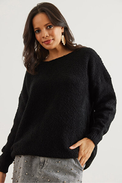 Olalook Women's Black Crew Neck Soft Textured Oversize Knitwear Sweater Kzk- 19000828