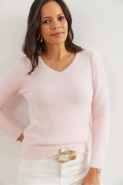 Olalook Puderfarbener Damen-Strickpullover mit V-Ausschnitt und weichem, strukturiertem Bart KZK- 19000860