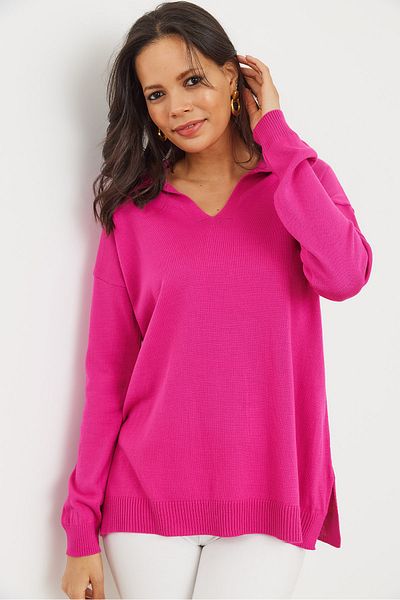 Olalook Women's Fuchsia Polo Neck Basic Knitwear Sweater Kzk- 19000871