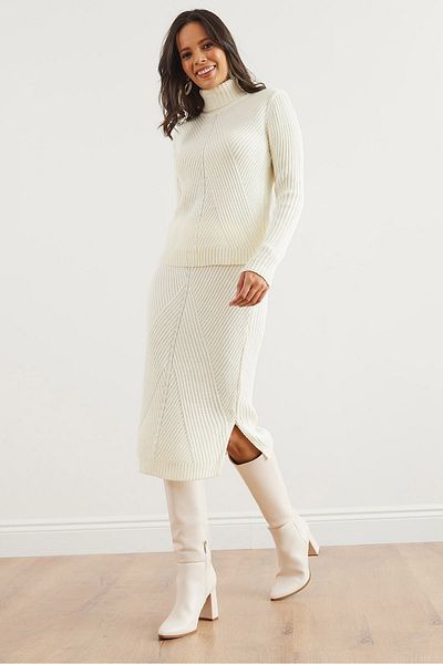 Olalook Women's Ecru Geometric Textured Skirt Knitwear Suit Tkm- 19000325