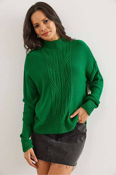Olalook Women's Green Stand Collar Mid Hair Braided Knitwear Sweater Kzk- 19000912