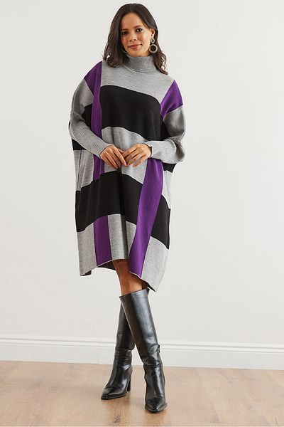 Olalook Grau-lila kariertes dickes Poncho-Tunika-Kleid für Damen ELB- 19002323