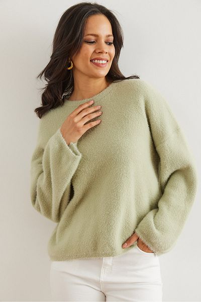Olalook Women's Water Green Soft Textured Wide Sleeve Sweater - Kzk- 19000959