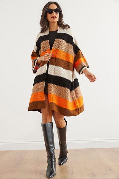 Olalook Damen-Strickjacke, dick gestreift, braun-orangefarben, HRK- 19000337