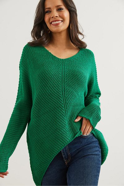 Olalook Green V-Neck Plaited Braided Thessaloniki Women's Sweater - Kzk- 19000867