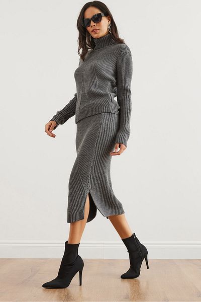 Olalook Women's Anthracite Geometric Textured Skirt Knitwear Suit Tkm- 19000325