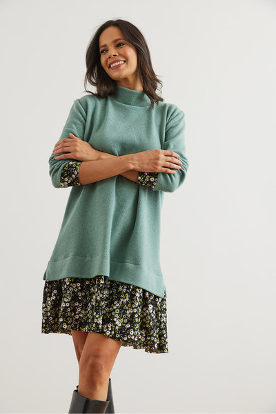 Olalook Kadın Su Yeşili Papatya Garnili Selanik Elbise ELB-19000965