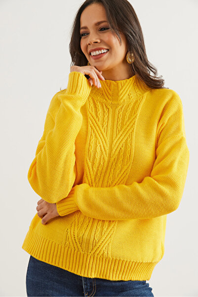 Olalook Pulover de damă, galben, cu guler în picioare, cu păr împletit, KZK- 19000912
