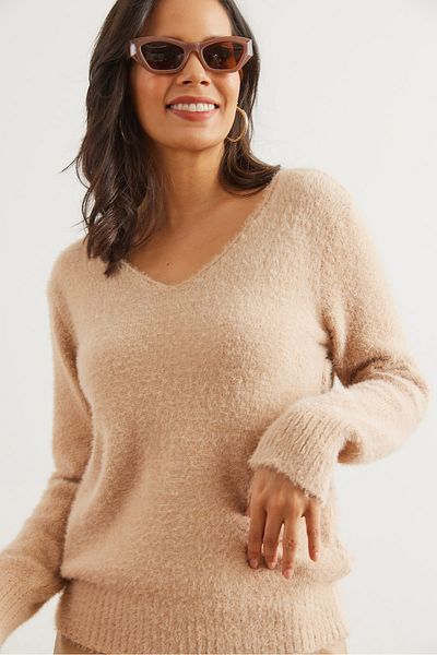 Olalook Women's Milk Coffee V-Neck Soft Textured Beard Knitwear Sweater Kzk- 19000860