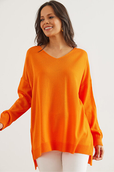 Olalook Pulover de damă portocaliu cu decolteu în V - KZK- 19000868