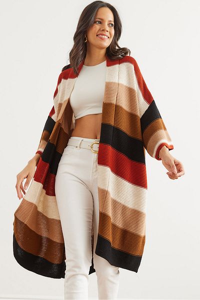 Olalook Schwarze, fliesenfarbene, dick gestreifte Strickjacke für Damen HRK- 19000337