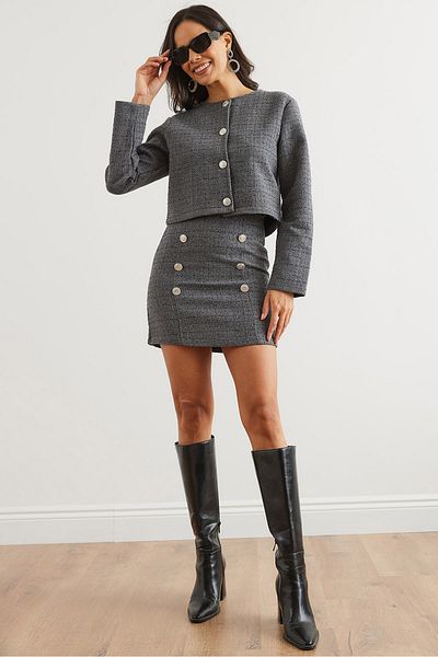 Olalook Smoked Button Detaillierter Rock-Jackenanzug für Damen TKM- 19000316